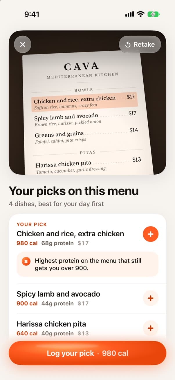 A CAVA menu with the best pick at 980 calories