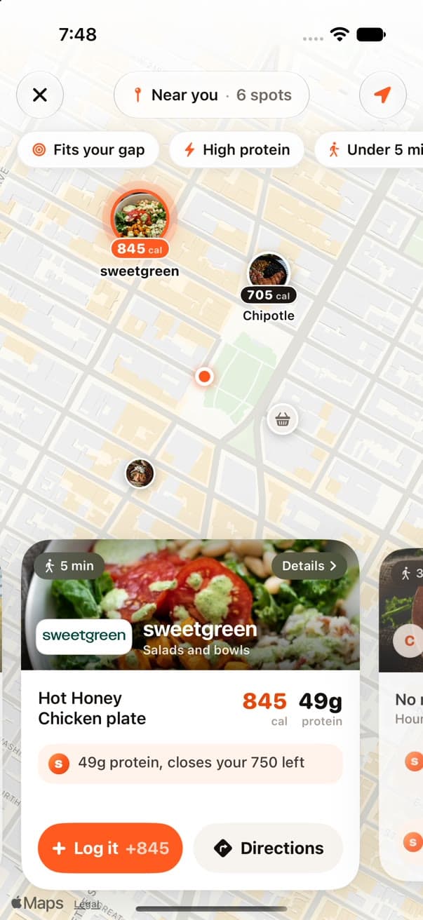 Map of nearby spots with an 845 calorie plate